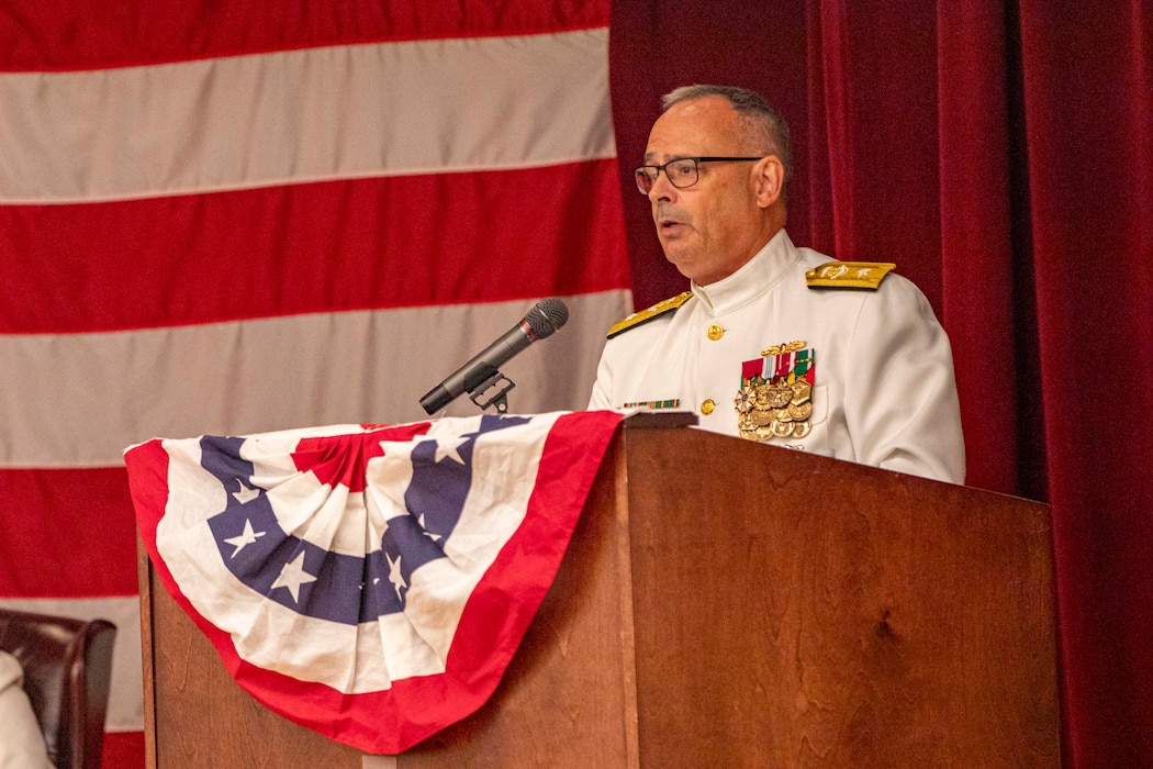 250617-N-KC192-1147 PORTSMOUTH, Va. (June 17, 2025) Rear Adm. Robert Hawkins, commander, Naval Medical Forces Atlantic (NMFL), gives remarks during a change of command ceremony held on board Hampton Roads - Portsmouth Annex, June 17, 2025. Hawkins relieved Rear Adm. Kevin Brown and will take over as commander, Naval Medical Forces Atlantic, and the director of Defense Health Network - Atlantic. (U.S. Navy photo by Mass Communication Specialist 2nd Class Levi Decker)