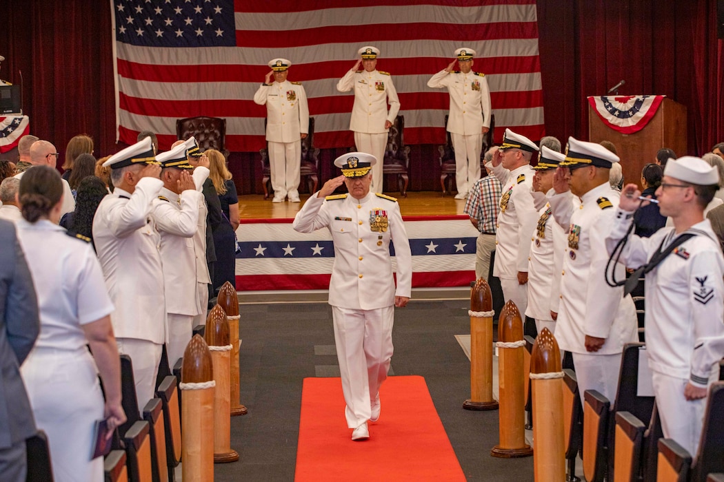 250617-N-KC192-1162 PORTSMOUTH, Va. (June 17, 2025) Rear Adm. Darin K. Via, Navy Surgeon General, departs a change of command ceremony held on board Hampton Roads - Portsmouth Annex, June 17, 2025. During the ceremony, Rear Adm. Kevin Brown was relieved by Rear Adm. Robert Hawkins, after serving as the commander, Naval Medical Forces Atlantic and director of Defense Health Network - Atlantic. (U.S. Navy photo by Mass Communication Specialist 2nd Class Levi Decker)