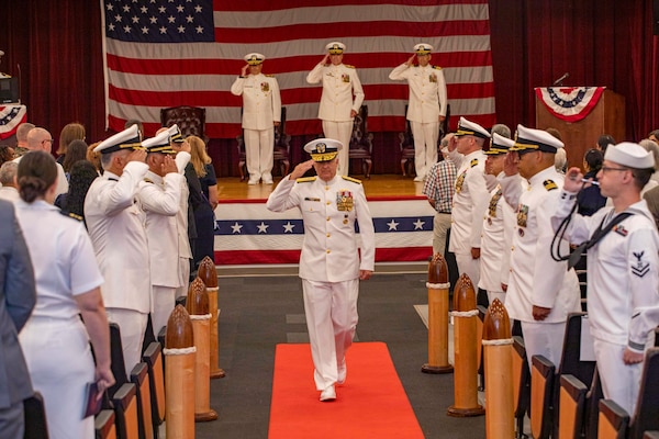 250617-N-KC192-1162 PORTSMOUTH, Va. (June 17, 2025) Rear Adm. Darin K. Via, Navy Surgeon General, departs a change of command ceremony held on board Hampton Roads - Portsmouth Annex, June 17, 2025. During the ceremony, Rear Adm. Kevin Brown was relieved by Rear Adm. Robert Hawkins, after serving as the commander, Naval Medical Forces Atlantic and director of Defense Health Network - Atlantic. (U.S. Navy photo by Mass Communication Specialist 2nd Class Levi Decker)