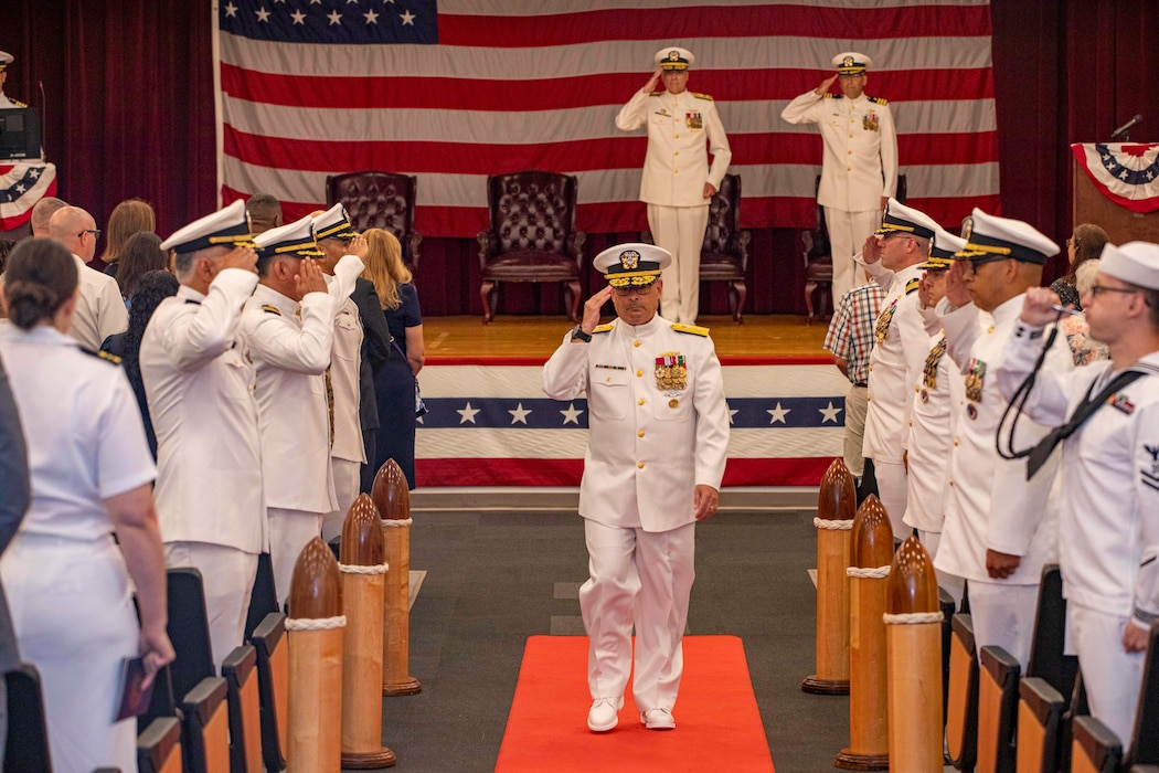 250617-N-KC192-1167 PORTSMOUTH, Va. (June 17, 2025) Rear Adm. Robert Hawkins, commander, Naval Medical Forces Atlantic (NMFL), departs as a member of the official party following the NMFL change of command ceremony aboard Naval Medical Center Portsmouth at Naval Support Activity Hampton Roads – Portsmouth Annex. Hawkins assumed command from Rear Adm. Kevin Brown and also became Director, Defense Health Network – Atlantic. (U.S. Navy photo by Mass Communication Specialist 2nd Class Levi Decker)