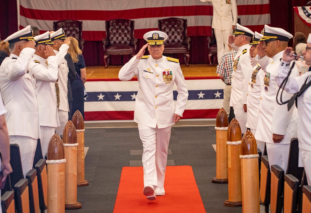 250617-N-KC192-1173 PORTSMOUTH, Va. (June 17, 2025) Rear Adm. Kevin Brown, former commander, Naval Medical Forces Atlantic (NMFL), departs after a change of command ceremony held on board Hampton Roads - Portsmouth Annex, June 17, 2025. Brown was relieved by Rear Adm. Robert Hawkins, who will serve as commander, Naval Medical Forces Atlantic and the director of Defense Health Network - Atlantic. (U.S. Navy photo by Mass Communication Specialist 2nd Class Levi Decker)