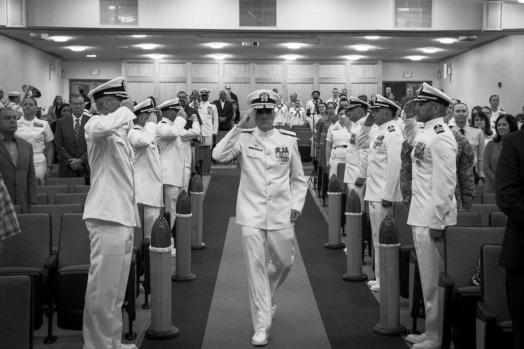250617-N-KC192-1014 PORTSMOUTH, Va. (June 17, 2025) Rear Adm. Kevin Brown, commander, Naval Medical Forces Atlantic (NMFL) and director, Defense Health Network-Atlantic, arrives as a member of the official party during a change of command ceremony held on board Hampton Roads - Portsmouth Annex, June 17, 2025. During the ceremony Brown was relieved Rear Adm. Robert Hawkins. (U.S. Navy photo illustration by Mass Communication Specialist 2nd Class Levi Decker)