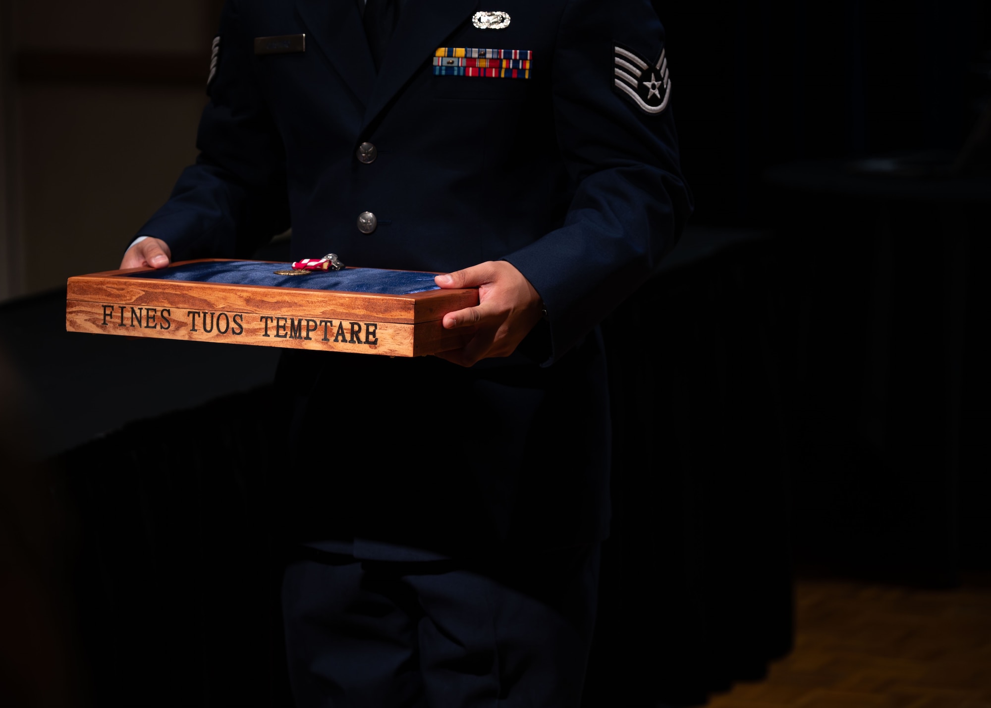 A meritorious service medal rests on a display during the 576th Flight Test Squadron change of command ceremony at Vandenberg Space Force Base, Calif., June 17, 2025. U.S. Air Force Lt. Col. Anthony Santino was awarded the meritorious service medal for his accomplishments as the commander of the 576 FLTS.