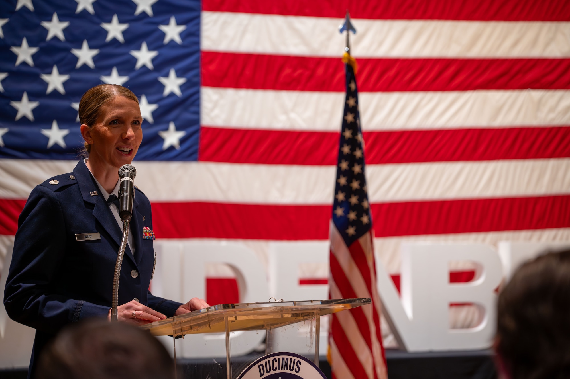 U.S. Air Force Lt. Col. Karrie Wray, incoming 576th Flight Test Squadron commander, speaks to attendees of the 576 FLTS change of command ceremony at Vandenberg Space Force Base, Calif., June 17, 2025. Wray assumed command of the 576 FLTS following a role as the director of operations at the same unit.