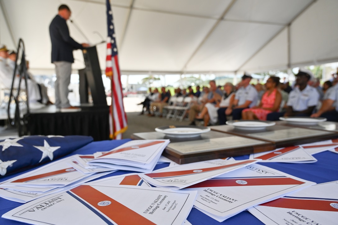 Coast Guard Cutter Valiant (WMEC 621) programs are available provide information about the cutter's history during a heritage recognition ceremony at Naval Station Mayport in Jacksonville, Florida, June 17, 2024. The cutter was honored after more than 57 years of service in front of Coast Guard and cutter leadership, the assembled crew and former crew members, family and friends. (U.S. Coast Guard photo by Petty Officer 2nd Class Brandon Hillard)