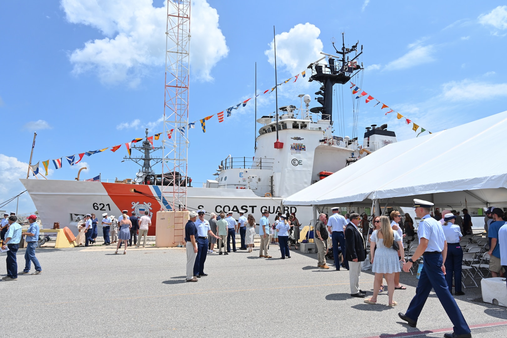 Coast Guard Cutter Valiant (WMEC 621) is moored to the pier at Naval Station Mayport in Jacksonville, Florida, June 17, 2024. The cutter was honored after more than 57 years of service during a heritage recognition ceremony held in front of Coast Guard and cutter leadership, the assembled crew and former crew members, family and friends. (U.S. Coast Guard photo by Petty Officer 2nd Class Brandon Hillard)