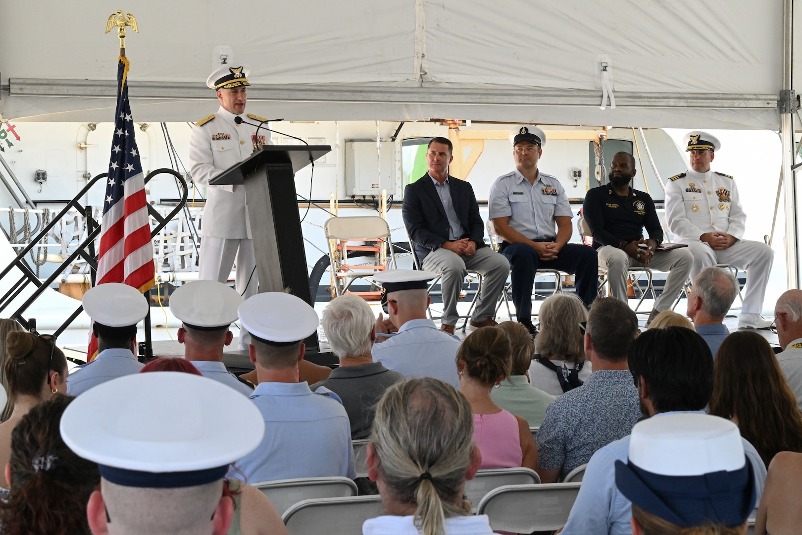 Rear Adm. Adam Chamie, assistant commandant for reponse policy, delivers his remarks as presiding official during the Coast Guard Cutter Valiant's (WMEC 621) heritage recognition ceremony in Jacksonville, Florida, June 17, 2024. The cutter was honored after more than 57 years of service in front of Coast Guard and cutter leadership, the assembled crew and former crew members, family and friends. (U.S. Coast Guard photo by Petty Officer 2nd Class Brandon Hillard)