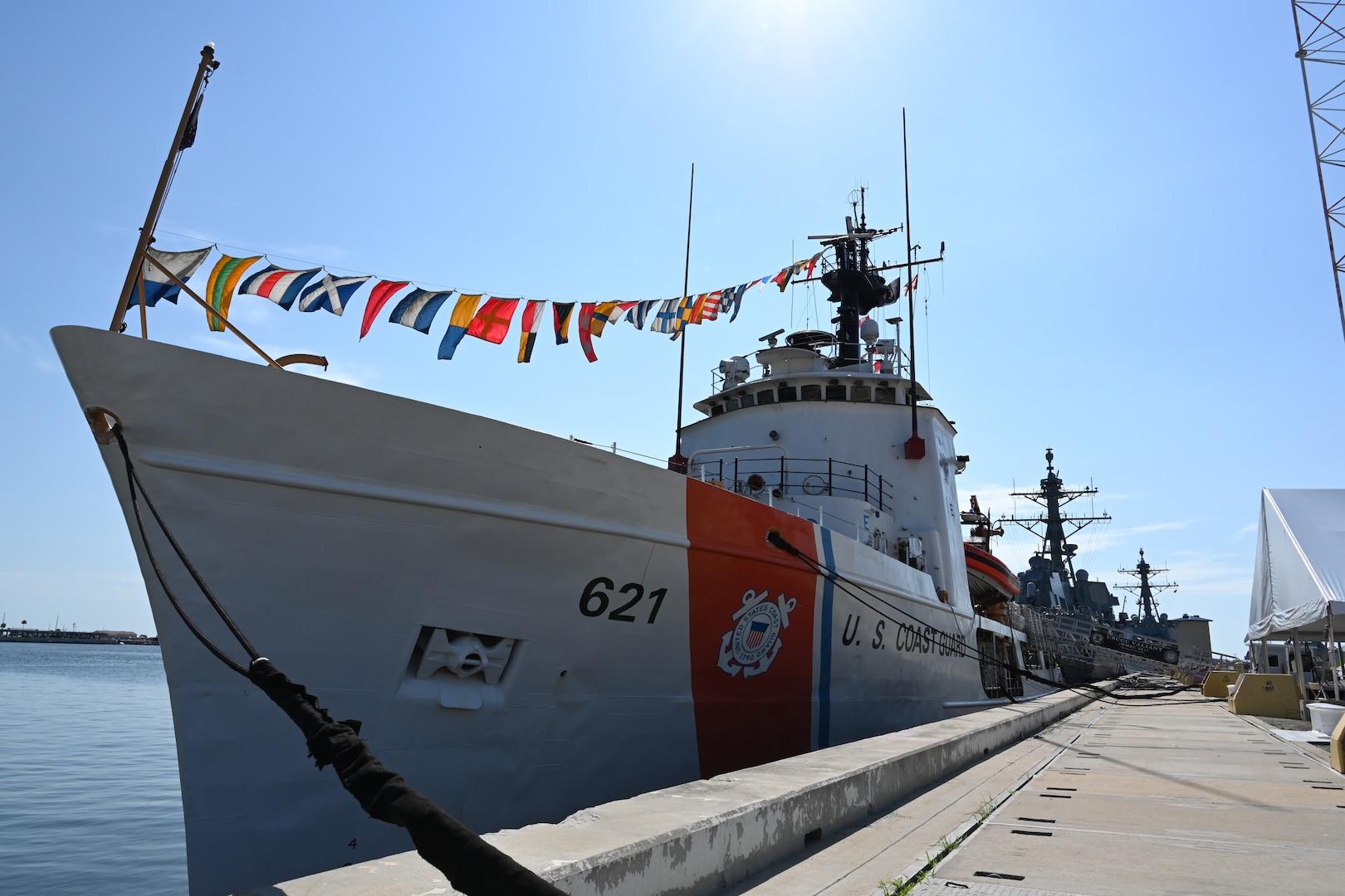 Coast Guard Cutter Valiant (WMEC 621) is moored to the pier at Naval Station Mayport in Jacksonville, Florida, June 17, 2024. The cutter was honored after more than 57 years of service during a heritage recognition ceremony held in front of Coast Guard and cutter leadership, the assembled crew and former crew members, family and friends. (U.S. Coast Guard photo by Petty Officer 2nd Class Brandon Hillard)