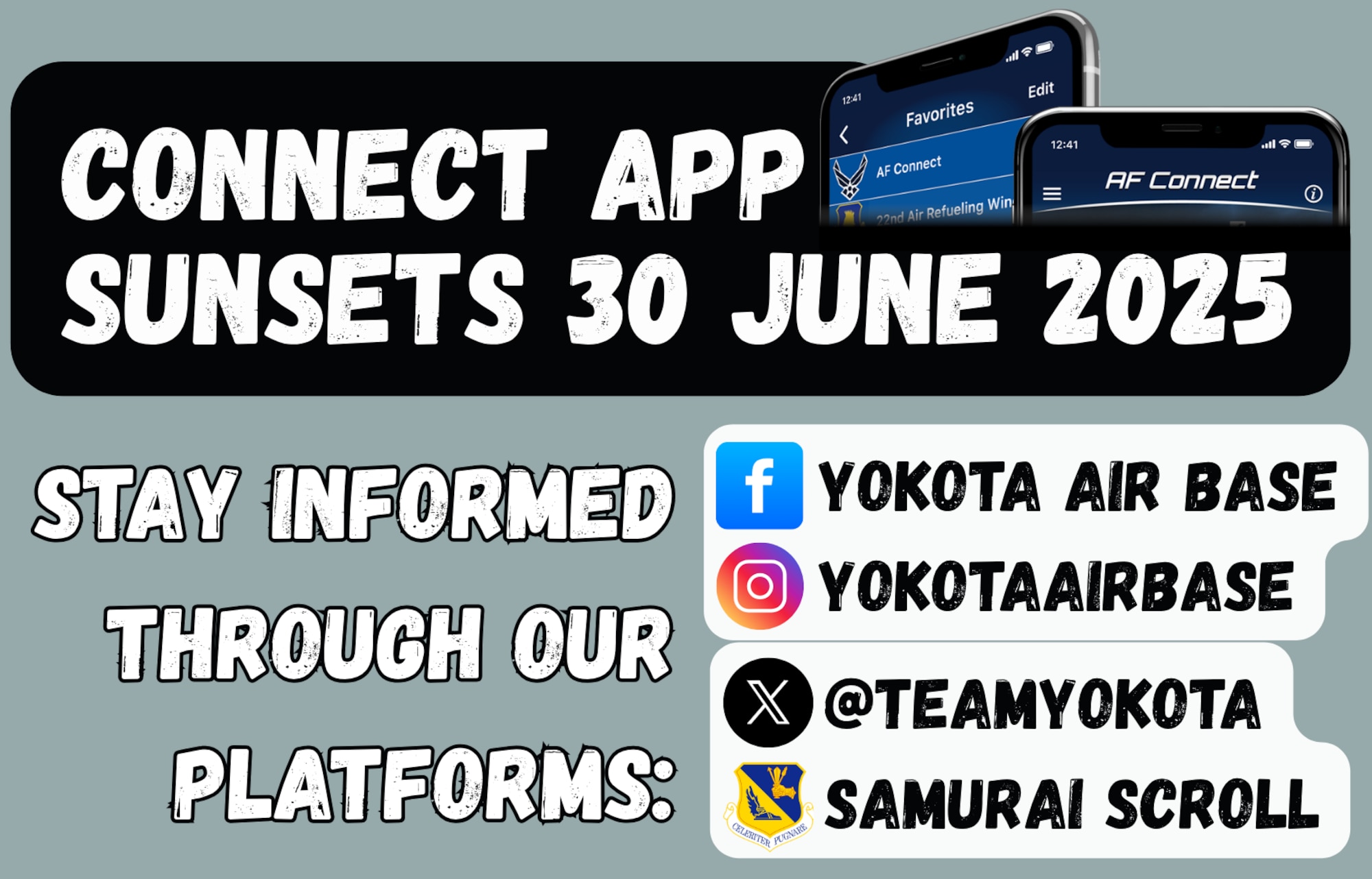 A cartoon-like graphic with blocky text and social media handles.