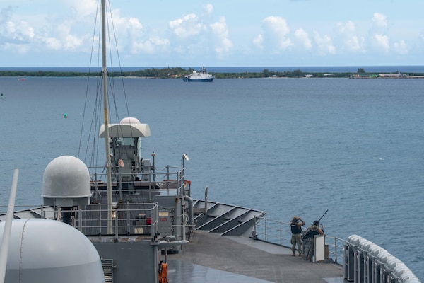 APRA HARBOR, Guam (June 17, 2025) - U.S. 7th Fleet flagship USS Blue Ridge (LCC 19) departs Naval Base Guam, June 17, 2025. The Blue Ridge and embarked U.S. 7th Fleet staff conduct regular Indo-Pacific patrols to deter aggression, strengthen alliances and partnerships, and advance future warfighting capabilities. (U.S. Navy photo by Mass Communication Specialist Seaman Andres Fonts)