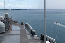 APRA HARBOR, Guam (June 17, 2025) - U.S. 7th Fleet flagship USS Blue Ridge (LCC 19) departs Naval Base Guam, June 17, 2025. The Blue Ridge and embarked U.S. 7th Fleet staff conduct regular Indo-Pacific patrols to deter aggression, strengthen alliances and partnerships, and advance future warfighting capabilities. (U.S. Navy photo by Mass Communication Specialist Seaman Andres Fonts)