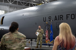 Col. Corey Reed, 459th Air Refueling Wing Commander, gives farewell message to members of the 459th Air Refueling Wing. (U.S. Air Force photo by Senior Airman Alexcia Givens)