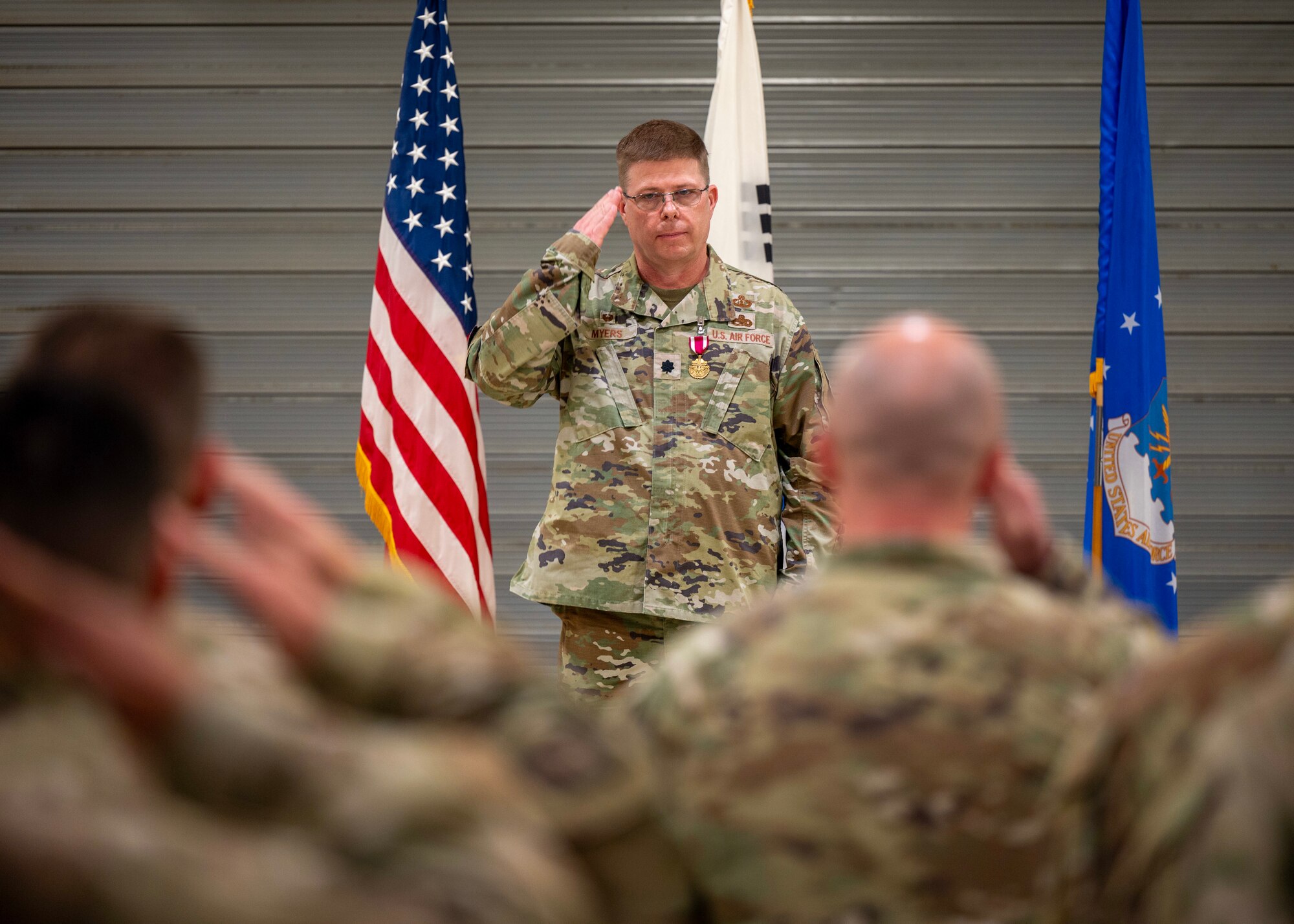 U.S. Air Force Lt. Col. Brian Myers, outgoing 51st Munitions Squadron commander, renders his final salute at Osan Air Base, Republic of Korea, June 17, 2025. The 51st MUNS builds, maintains and delivers lethal armament and munitions for contingency and deliberate operations. (U.S. Air Force photo by Staff Sgt. Sarah Williams)