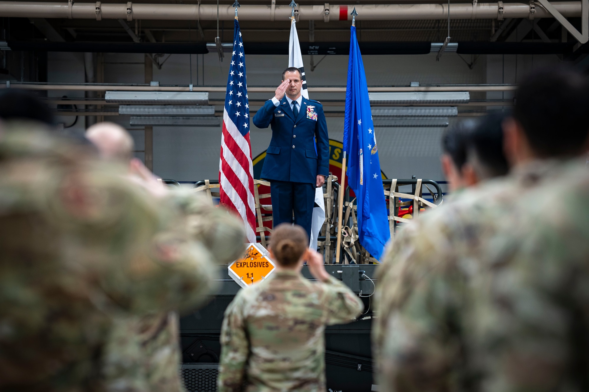 U.S. Air Force Lt. Col. Lucas Berreckman, outgoing 731st Air Mobility Squadron commander, renders his final salute during a Change of Command ceremony at Osan Air Base, Republic of Korea, June 18, 2025.