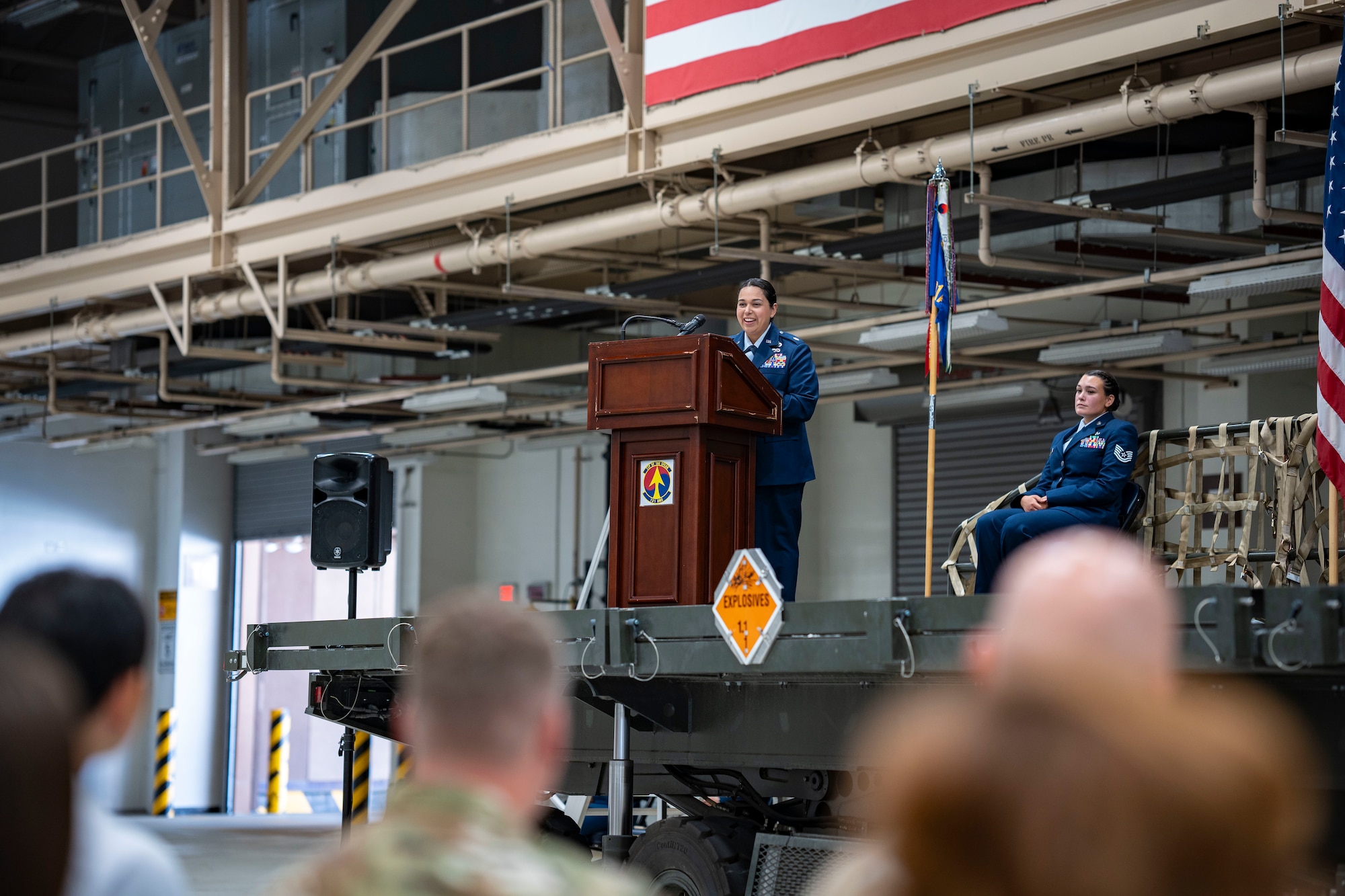 U.S. Air Force Lt. Col. Diana Halferty, incoming 731st Air Mobility Squadron commander, delivers remarks during a Change of Command ceremony at Osan Air Base, Republic of Korea, June 18, 2025.