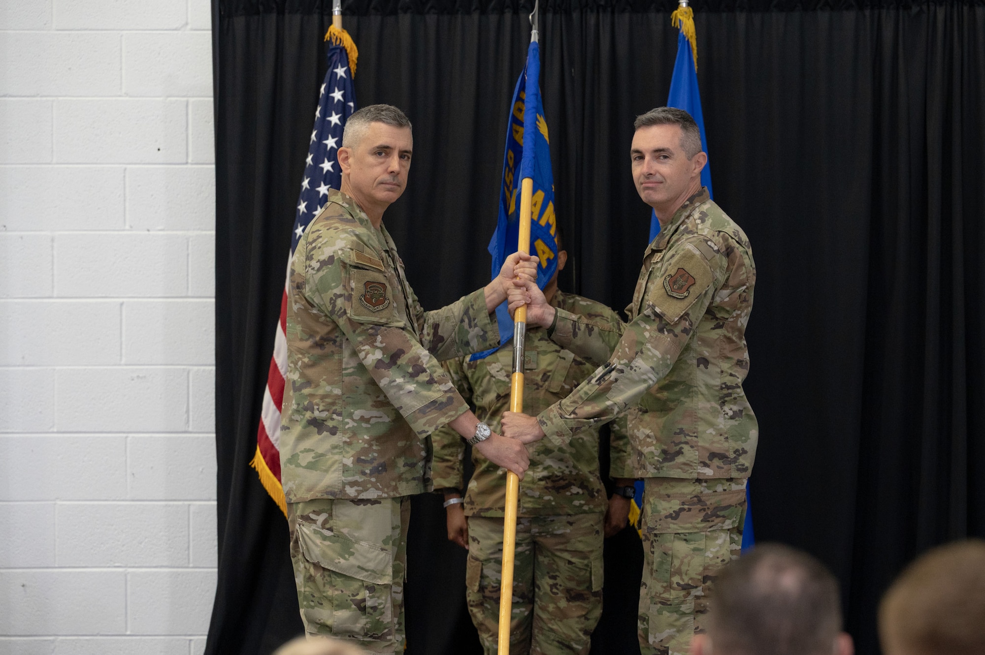 Maj. Michael Doris (right) is the new commander of the 459th Aircraft Maintenance Squadron at the 459th Air Refueling Wing, Joint Base Andrews, Md. Maj. Doris assumed command during the squadron's change of command ceremony held on June 8, 2025. Col. Kenneth Jensen, 459th Maintenance Group Commander, was the presiding official. Doris was previously the commander of the 459th Logistics Readiness Squadron at Joint Base Andrews.