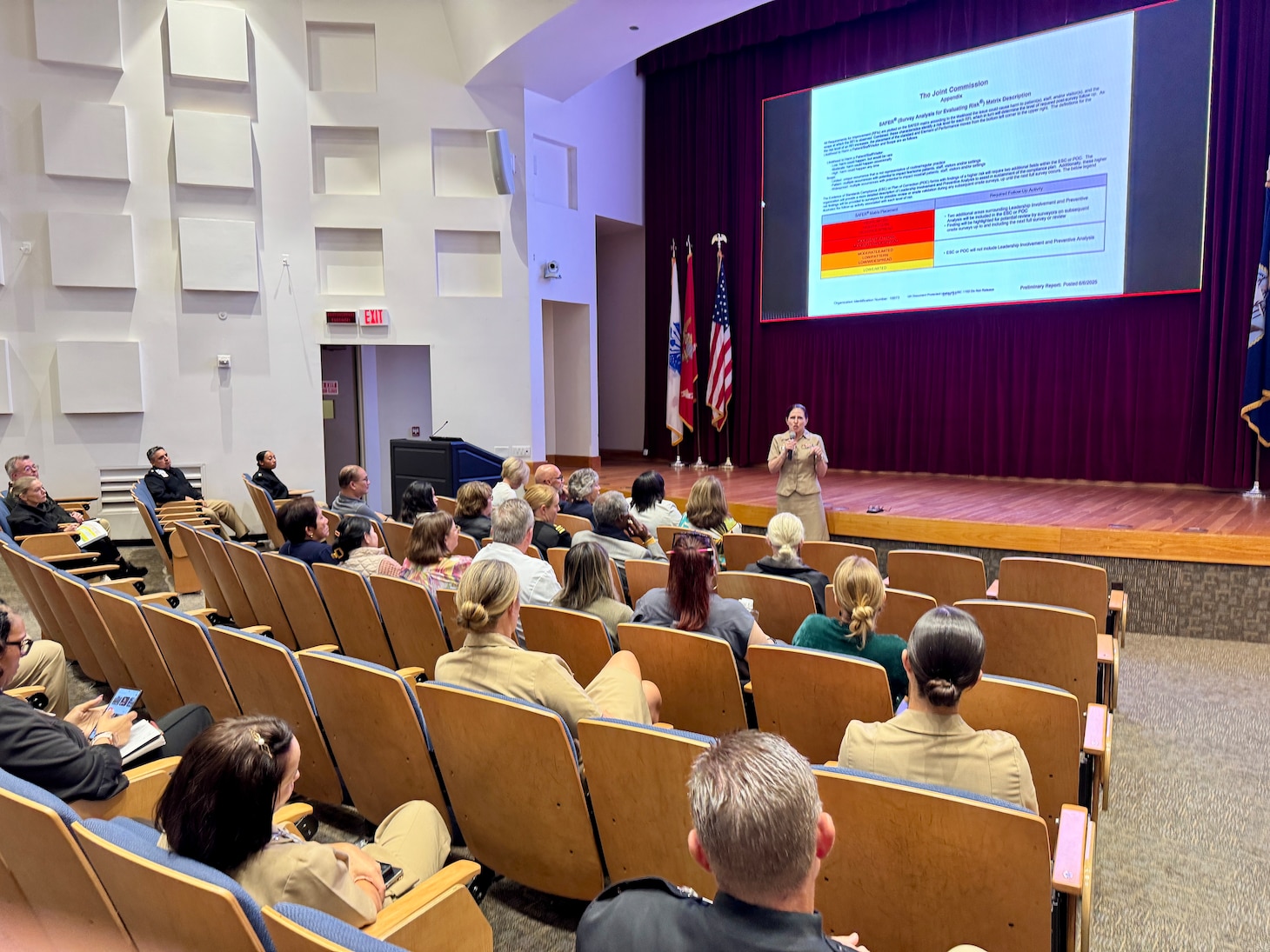 250606-N-WJ173-1001 SAN DIEGO (June 6, 2025) – Capt. Elizabeth Adriano, Naval Medical Center San Diego’s (NMCSD) Director, addresses staff during a final-day huddle following the conclusion of The Joint Commission’s triennial survey. Adriano praised the team’s transparency, professionalism, and commitment to high-reliability healthcare throughout the multi-day evaluation. The mission of NMCSD is to provide a superior experience for our patients, staff, and warfighters. NMCSD employs more than 5,000 active-duty military personnel, civilians, and contractors in Southern California to deliver exceptional care afloat and ashore.