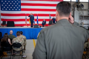 U.S. Air Force Col. Matthew Wunderlich, 86th Operations Group commander, renders his first salute to the 86th OG during the 86th OG change of command ceremony at Ramstein Air Base, Germany, June 18, 2025. The 86th OG consists of five squadrons, including an Aeromedical Evacuation Squadron, a geographically-separated Air Base Squadron and is home to more than 600 active duty, reserve, Department of Defense and local national personnel. (U.S. Air Force photo by Senior Airman Jared Lovett)