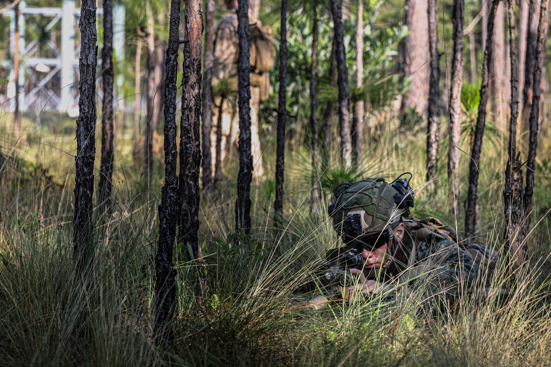 U.S. Marine Corps Lance Cpl. Alexander Johansen, a mortarman with 1st Battalion, 6th Marines, 2d Marine Division holds security during a Marine Corps Combat Readiness Evaluation on Marine Corps Base Camp Lejeune, North Carolina, June 3, 2025. During the MCCRE, Marines and Sailors demonstrated the combat proficiency required for mission essential tasks to ensure readiness for any conflict or operation. (U.S. Marine Corps photo by Cpl. Alexander Peterson)