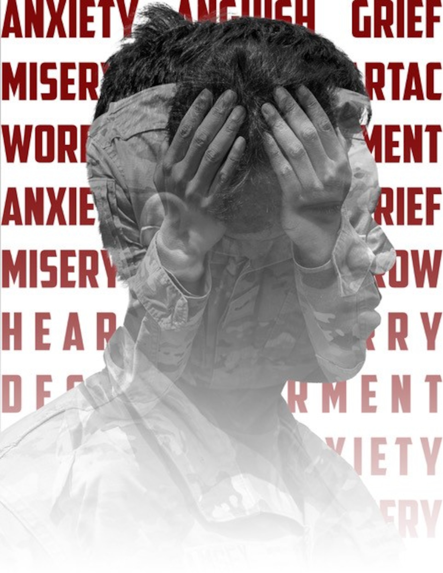 A side profile of a man has the image of himself with his head in hands in his head.
