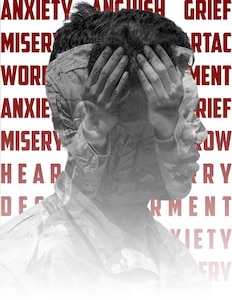 A side profile of a man has the image of himself with his head in hands in his head.