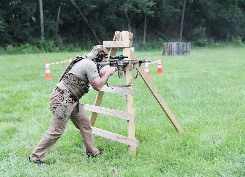 A competitor engages steel targets during the 2025 FTIG 2-Gun Steel Shoot at Fort Indiantown Gap, Pennsylvania, June 14, 2025.