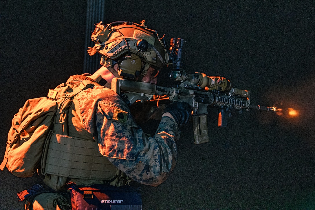 U.S. Marine Corps Sgt. Nathan Kipp, a rifleman with 31st Marine Expeditionary Unit, performs rifle drills with an M4 carbine during a live-fire training event aboard the amphibious assault ship USS America (LHA 6) in the Coral Sea, June 9-10, 2025. Marines participated in the training to sustain marksmanship fundamentals and increase technical and tactical acumen. The 31st MEU is operating aboard ships of the USS America Amphibious Ready Group in the 7th Fleet area of operations, the U.S. Navy’s largest forward-deployed numbered fleet, and routinely interacts and operates with allies and partners in preserving a free and open Indo-Pacific region. Kipp is a native of California. (U.S. Marine Corps photo by Lance Cpl. Victor Gurrola)