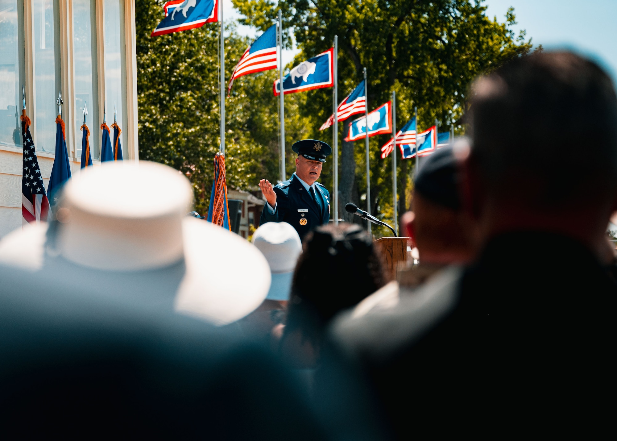 The event marked the official transfer of command from former 90 MW Commander Col. Johnny Galbert to current 90 MW Commander Col. Terrance Holmes, highlighting the continuity of leadership within the wing and underscoring its commitment to maintaining a safe, secure, and effective nuclear deterrent. (U.S. Air Force photo by Staff Sgt. Michael A. Richmond)