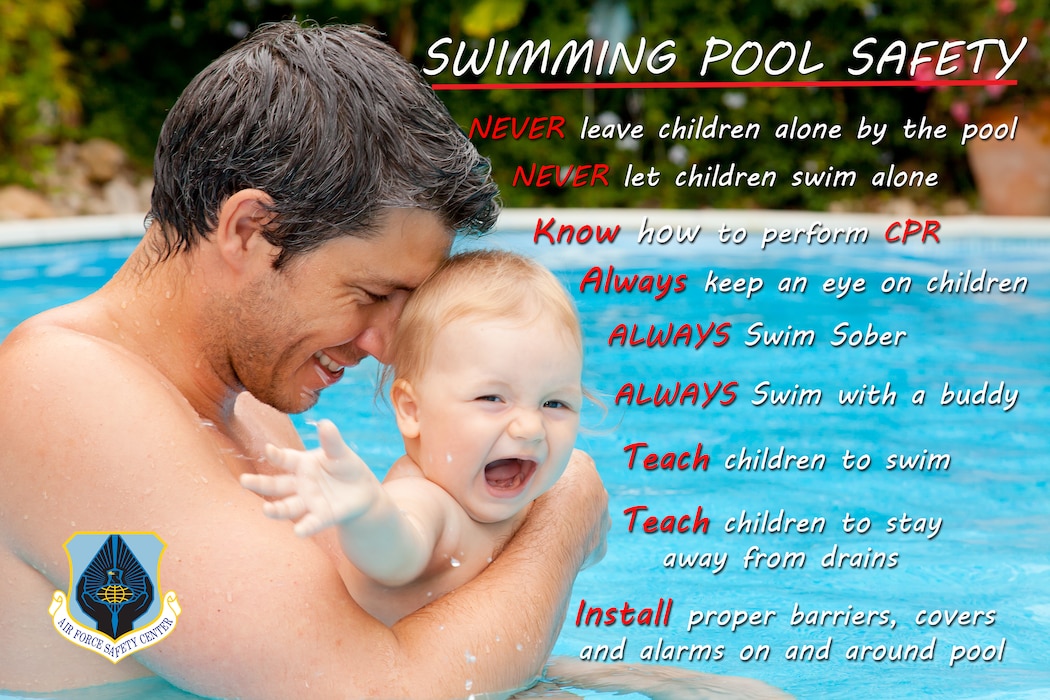 The Arnold Engineering Development Complex Safety team is encouraging those across the complex to be “water competent” this summer. This means being aware of potential hazards associated with water activities and knowing what to do in the event of an emergency. AEDC team members are urged to take steps for a safer swimming pool experience. (Air Force Safety Center graphic)