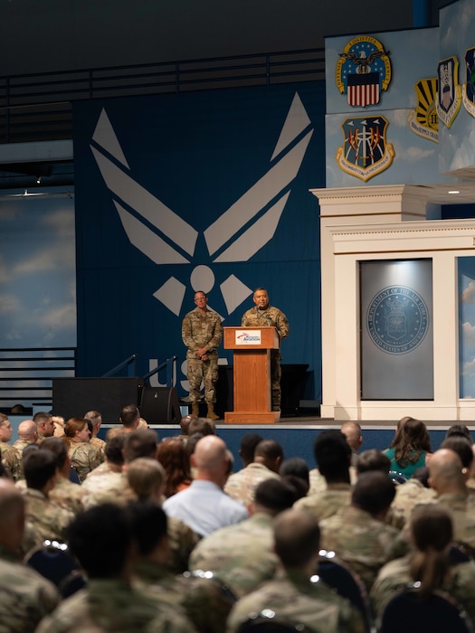 Man in military podium standing at a podium while speaking
