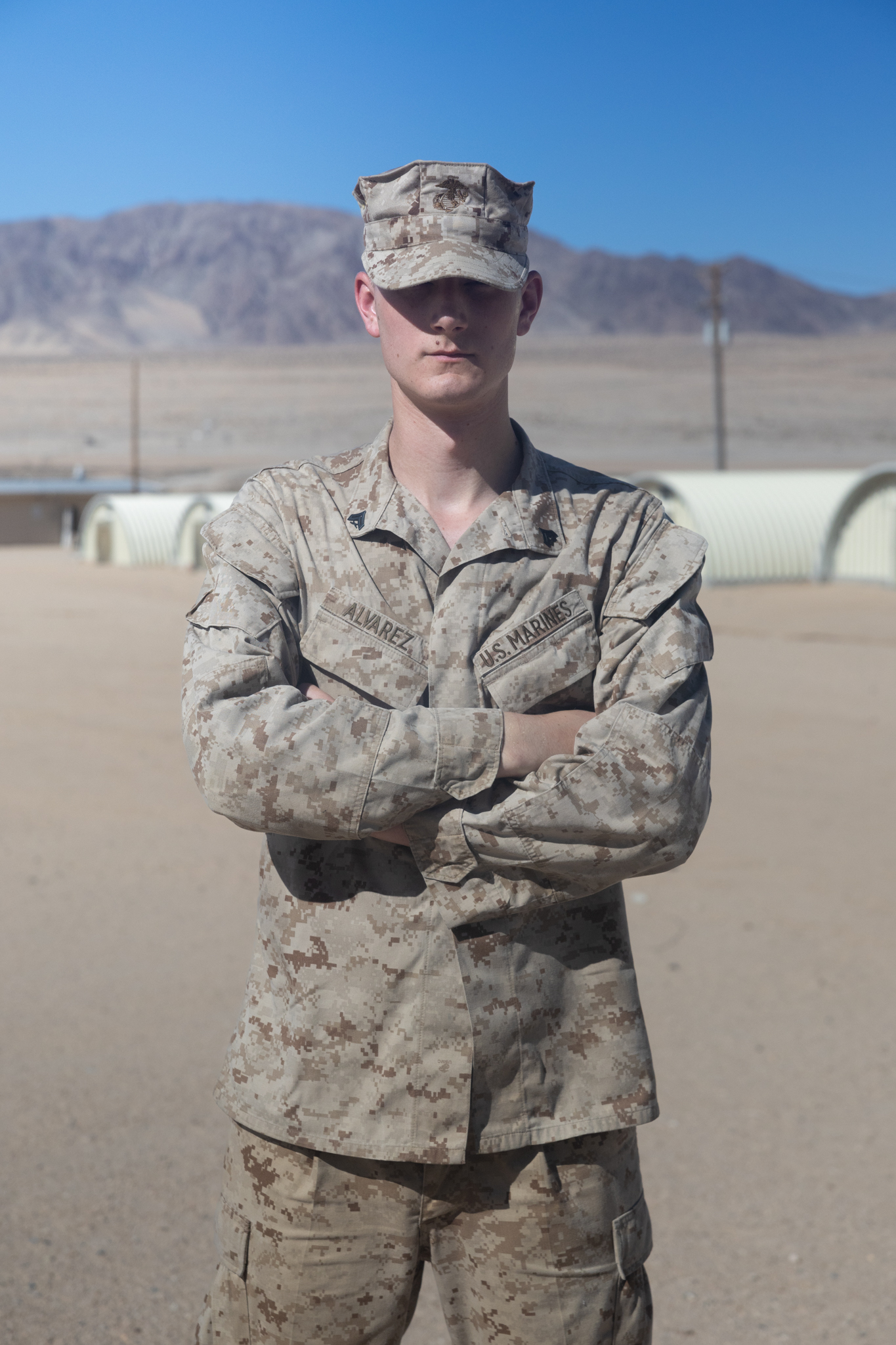 U.S. Marine Corps Cpl. Michael Alvarez, an intelligence specialist with Headquarters Company, 25th Marine Regiment, 4th Marine Division, poses for a photo during Integrated Training Exercise 3-25 (ITX 3-25) on Marine Corps Air Ground Combat Center, Twentynine Palms, California, June 14, 2025. ITX is a critical Marine Air-Ground Task Force exercise for the Marine Forces Reserve’s training cycle, confirming unit readiness through live-fire and combined arms integration. (U.S. Marine Corps photo by Cpl. Isaiah W. Smith)
