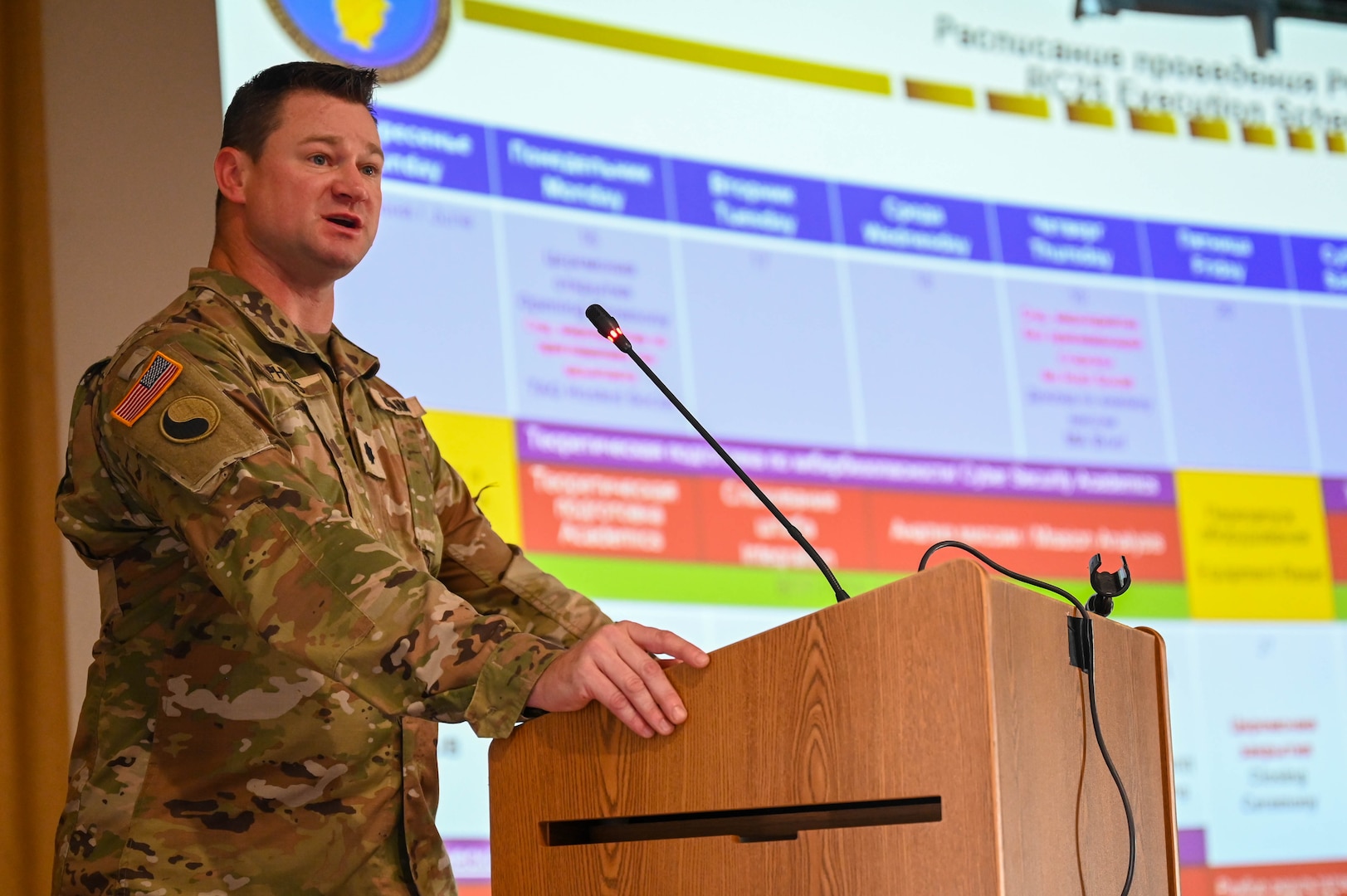 U.S. Army Lt. Col. Randall Phillips, the lead planner and CASA Branch Chief, Phillips welcomes CASA partners to Regional Cooperation 25 at Joint Base Cape Cod, Massachusetts, June 16, 2025, during exercise Regional Cooperation 25. Regional Cooperation 25 is an annual, multi-national U.S. Central Command sponsored command-post and field training exercise conducted by National Guard units in partnership with Central and South Asia nations. (U.S. Air Force photo by Staff Sgt. Colten Tessness)