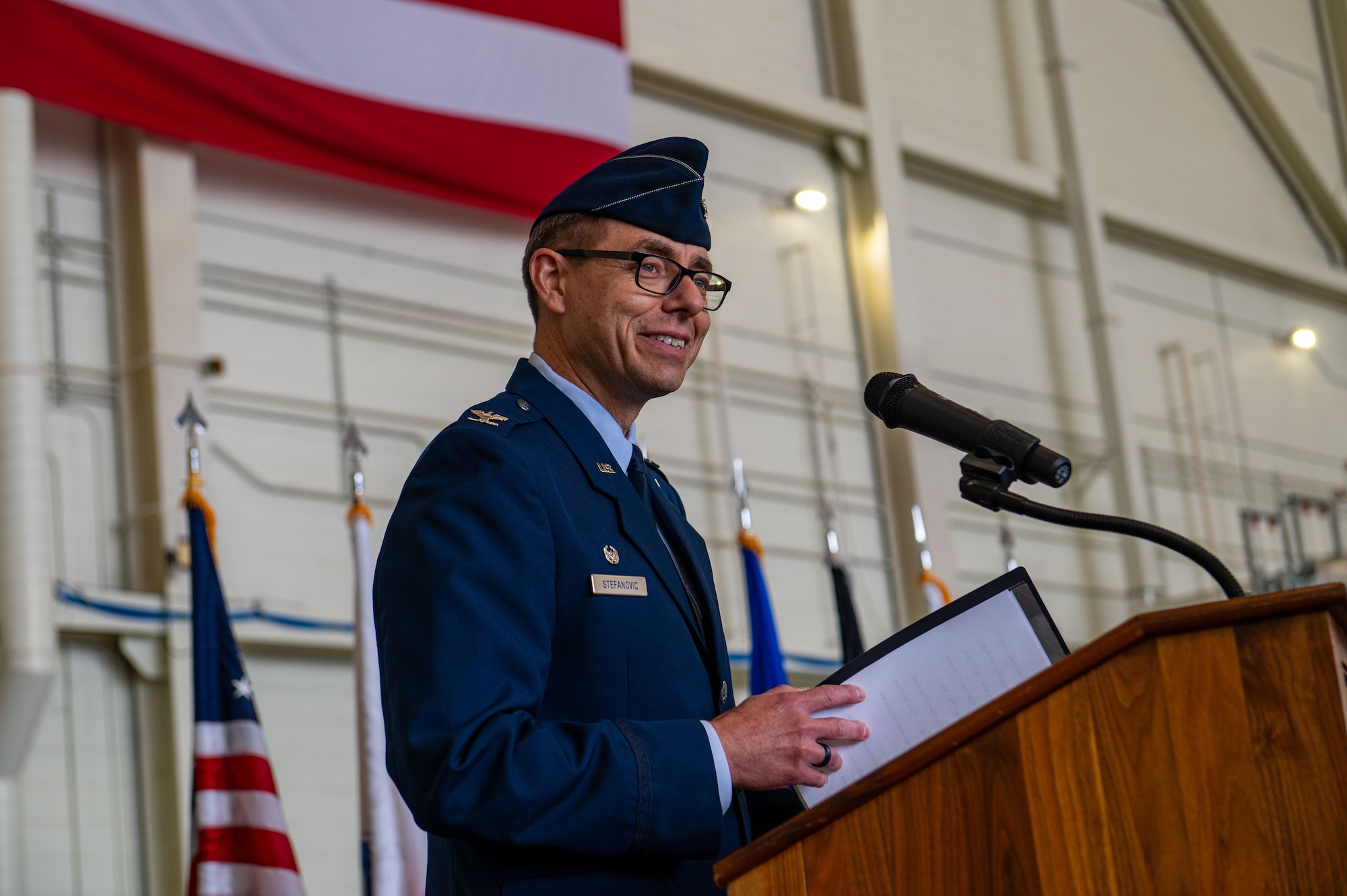 U.S. Air Force Col. Michael Stefanovic addresses the crowd after taking command of Joint Base McGuire-Dix-Lakehurst and the 87th Air Base Wing during a change of command ceremony at JB MDL, N.J., June 17, 2025.