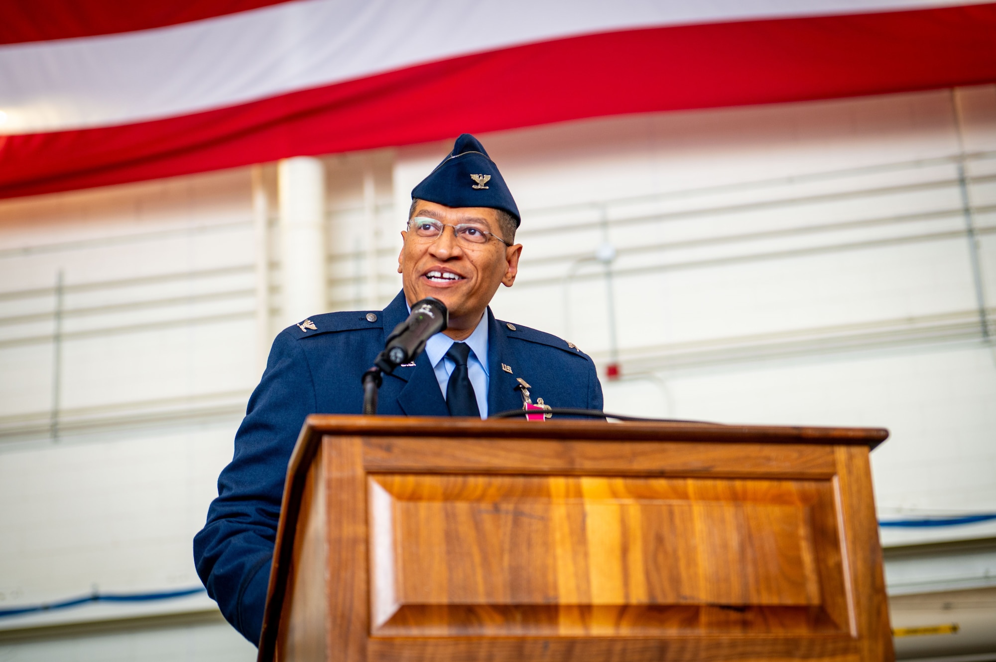 U.S. Air Force Col. Anthony L. Smith addresses the crowd before relinquishing command of Joint Base McGuire-Dix-Lakehurst and the 87th Air Base Wing during a change of command ceremony at JB MDL, N.J., June 17, 2025.