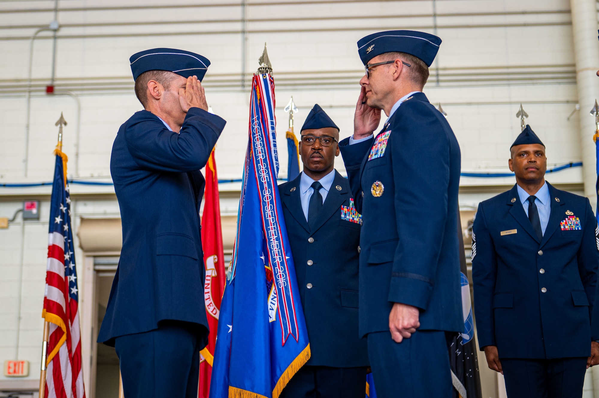 U.S. Air Force Brig. Gen. Stephen Snelson, U.S. Air Force Expeditionary Center commander, returns a salute to Col. Michael Stefanovic after Stefanovic assumed command of Joint Base McGuire-Dix-Lakehurst and 87th Air Base Wing during a change of command ceremony at JB MDL, N.J., June 17, 2025.