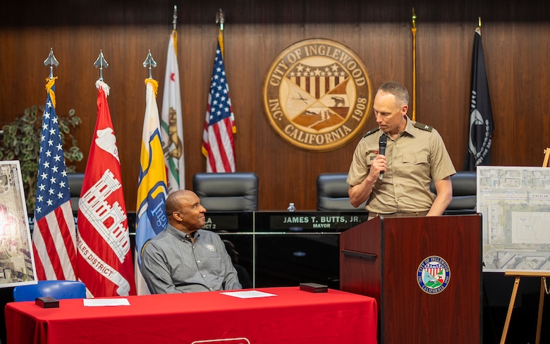 Col. Andrew Baker, U.S. Army Corps of Engineers Los Angeles District commander, right, delivers remarks during a Section 219 Program project agreement signing ceremony June 13 in Inglewood, California. Baker emphasized the importance of USACE’s long-standing partnership with the city and the shared commitment to resilient infrastructure.