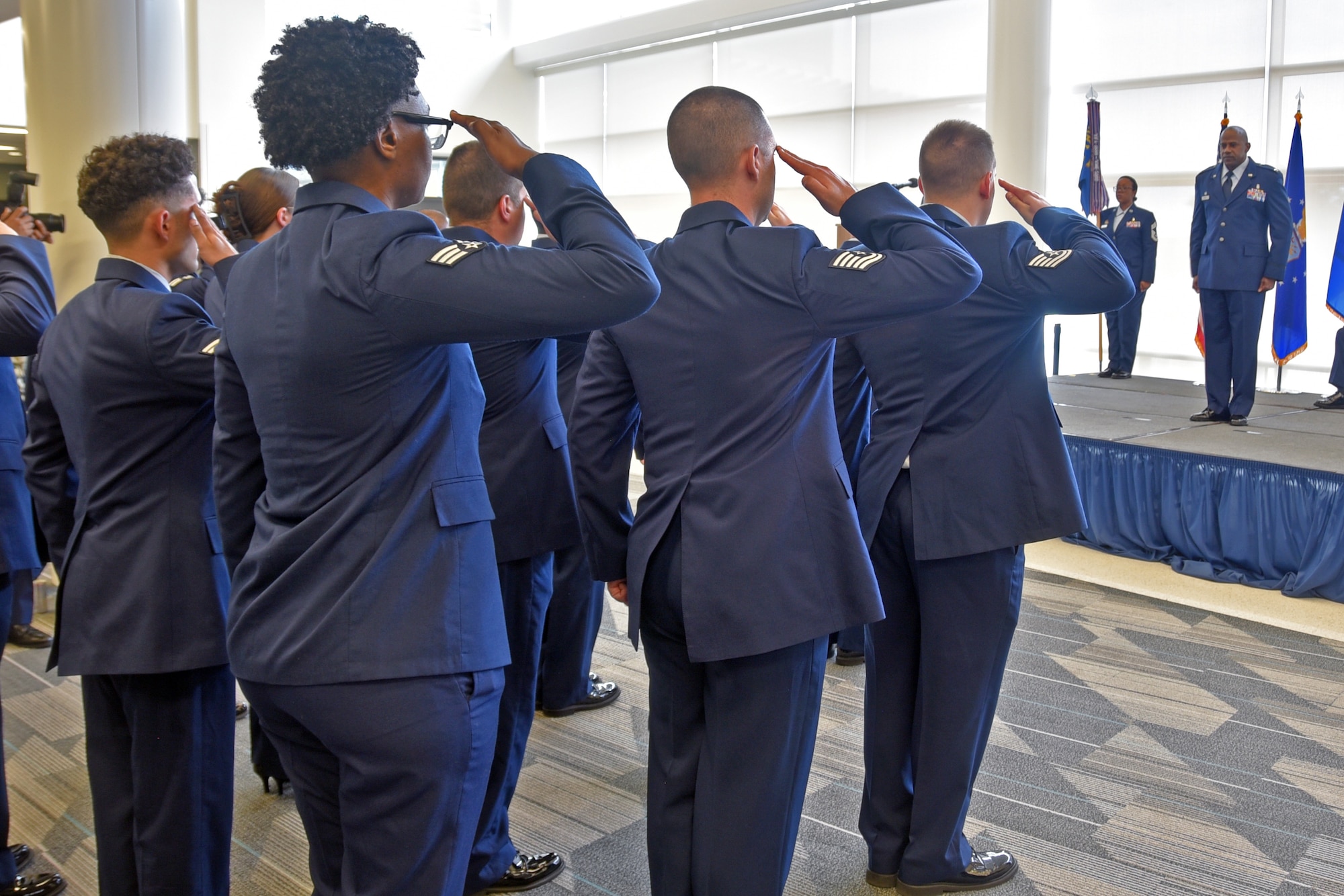 Airmen from the 82d Medical Group render their first salute to incoming commander, Col. Franklin Porcil