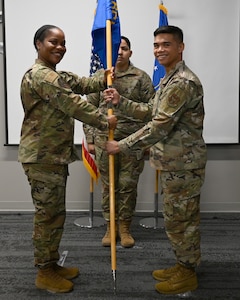 Maj. Miguel Santos (right) is the new 459th Force Support Squadron Commander. Maj. Santos assumed command during the squadron's change of command ceremony held at the 459th Air Refueling Wing on June 8, 2025. Col. Vianesa Vargas, 459th Mission Support Group Commander, was the presiding official.