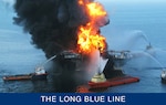 An April 2010 photograph of the Deepwater Horizon offshore oilrig after the explosion that set it on fire and caused its record-breaking oil spill. (U.S. Coast Guard)