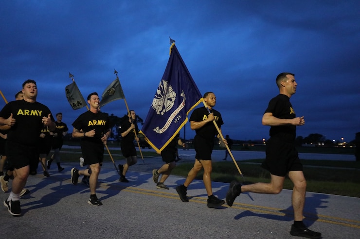 Servicemembers from across post joined in an early morning run to celebrate the Army's 250th birthday
