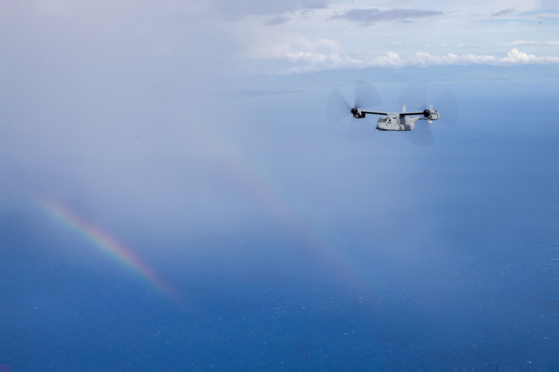 A U.S. Marine Corps MV-22B Osprey assigned to Marine Medium Tiltrotor Squadron (VMM) 364, Marine Aircraft Group 39, 3rd Marine Aircraft Wing, flies over the Babuyan Islands, Philippines during KAMANDAG 9, May 27, 2025.