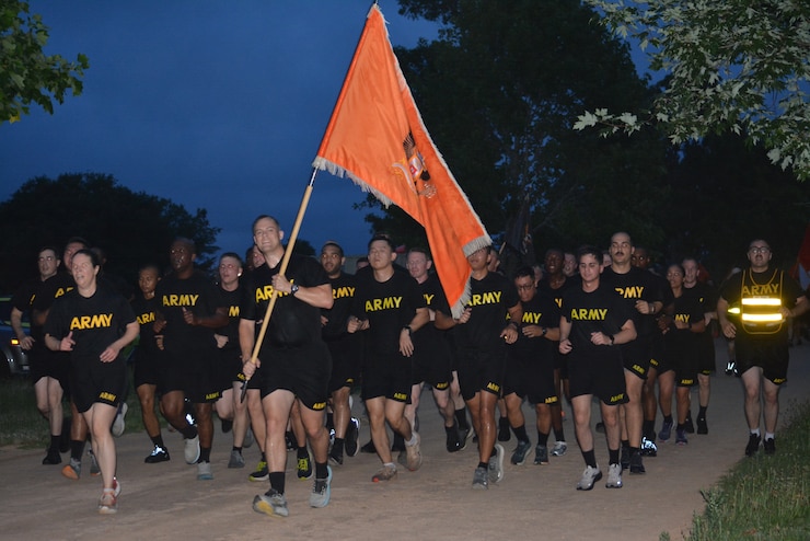 Servicemembers from across Fort Gordon join in an early morning run to celebrate the Army's 250th birthday