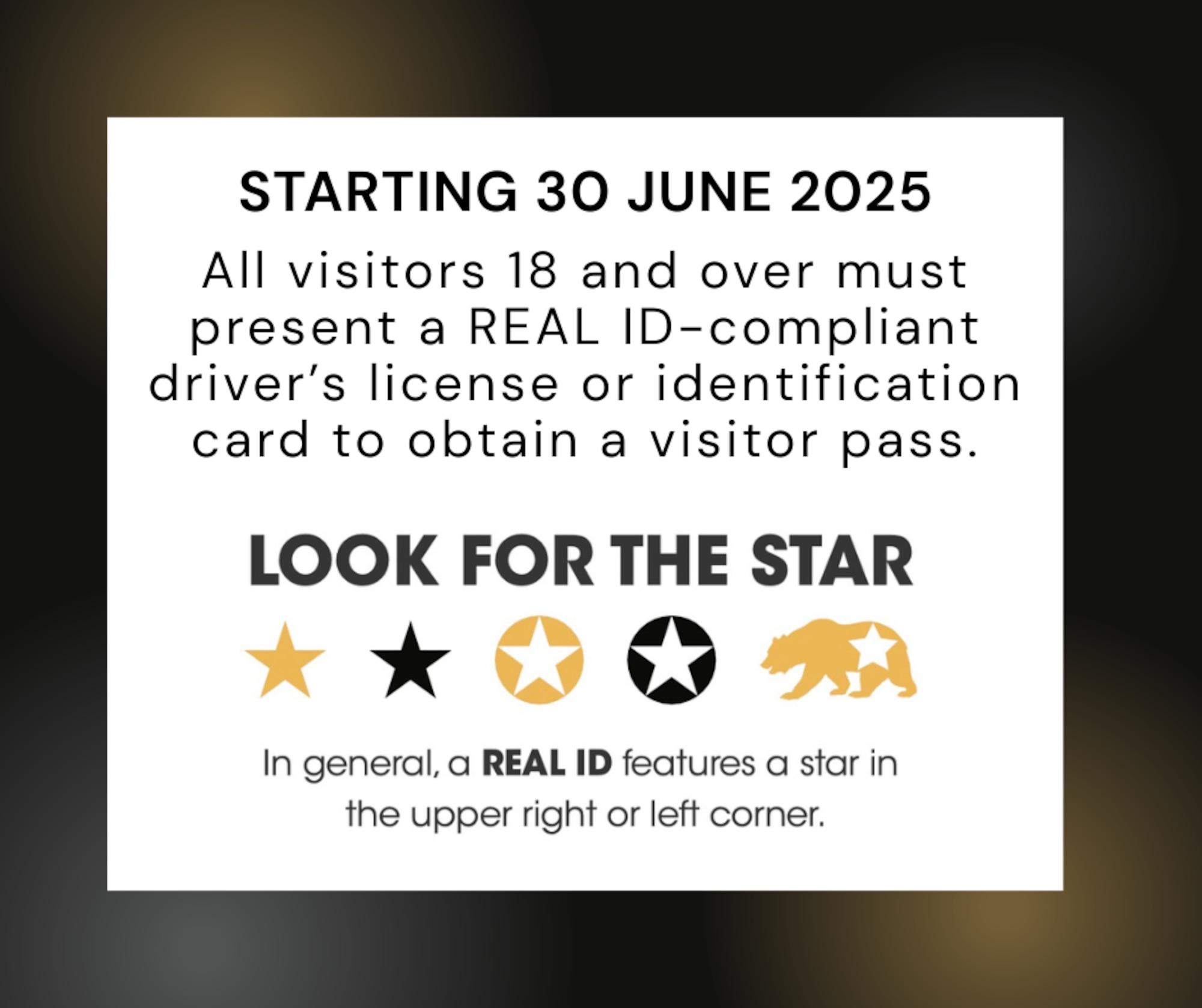 The graphic consists of the implementation date, June 30, 2025, sample imagery on REAL ID identifiers and age requirements.