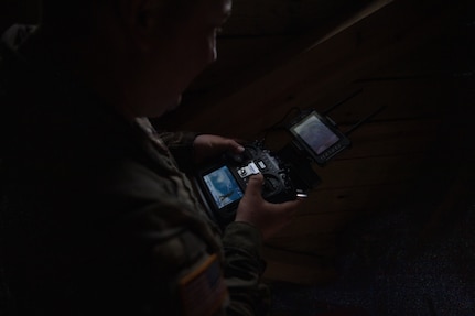 Staff Sgt. Matthew Renevier, a tactical aircraft system operator assigned to Detachment 1, Delta Company, 545th Brigade Engineer Battalion, 45th Infantry Brigade Combat Team, controls a small first-person view drone during a UAS exercise at Camp Gruber Training Center, Oklahoma, on June 12, 2025. The exercise, hosted by the 45th IBCT and featured numerous UAS and counter-UAS systems, focused on preparing infantry Soldiers to react to UAS threats. (Oklahoma National Guard photo by Staff Sgt. Anthony Jones)