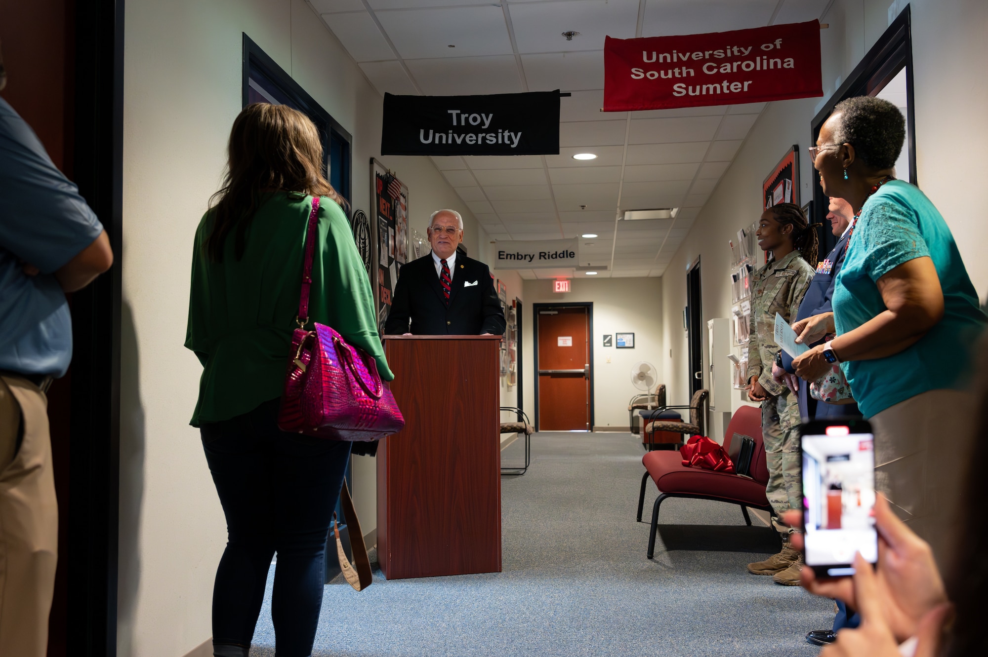 Troy University Chancellor Dr. Jack Hawkins, Jr. delivers remarks to Airmen, civilians and education representatives during the grand opening ceremony of Troy’s new location at Shaw Air Force Base, S.C., June 17, 2025.