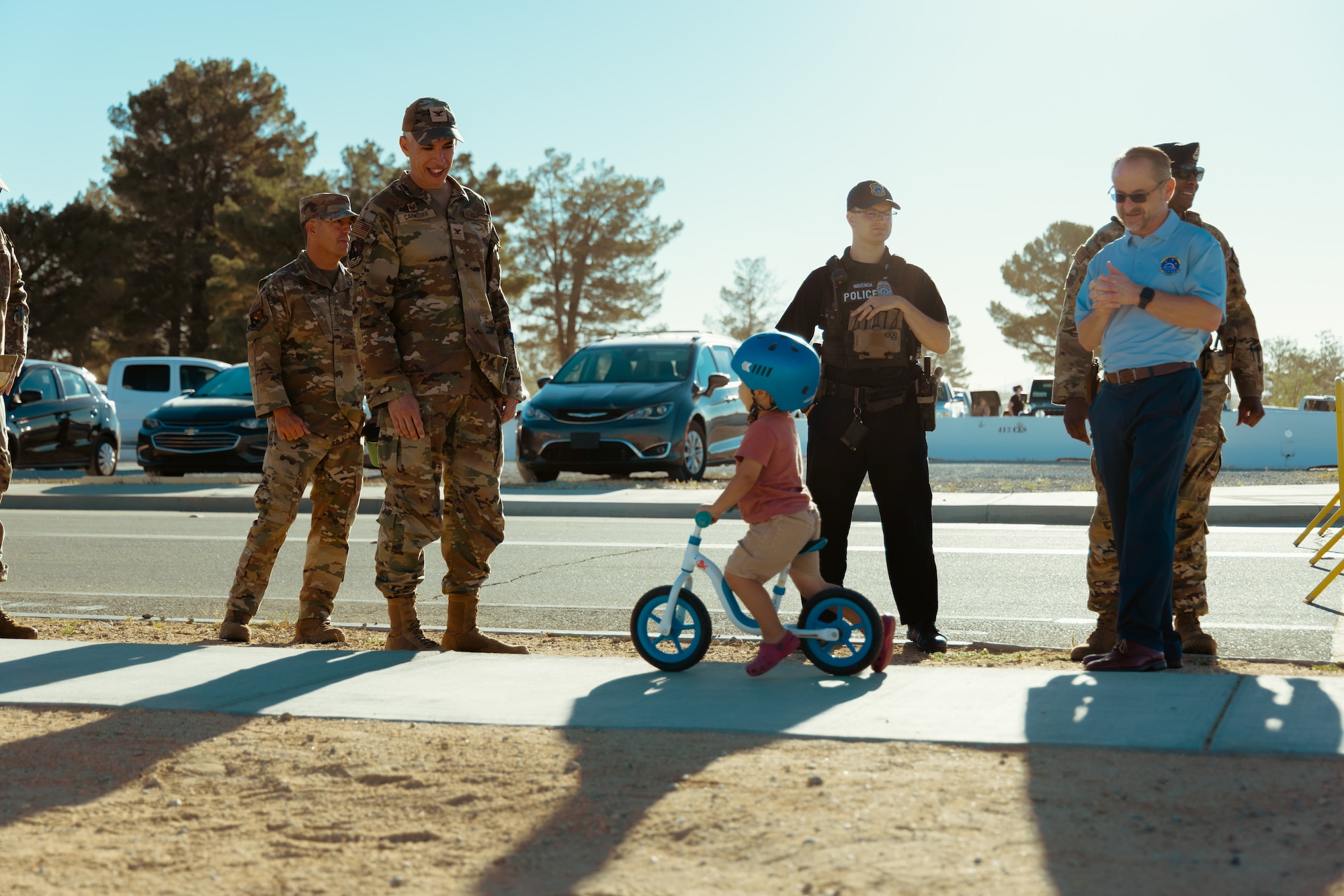 Col. Chris Carnduff, 412th Mission Support Group commander, welcomes students arriving for the first day of classes at Bailey Elementary School, Edwards Air Force Base, Aug. 15, 2024. (Photo by Blaine Torres)