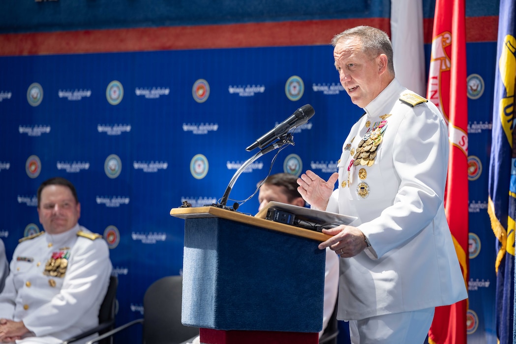 Rear Adm. Jeffrey Czerewko, commander, Naval Education and Training Command (NETC), delivers remarks during NETC’s change of command ceremony at the National Naval Aviation Museum onboard Naval Air Station Pensacola, Florida, June 18, 2025. Rear Adm. Gregory Huffman relieved Rear Adm. Jeffrey Czerewko and became the 22nd commander of NETC. NETC's mission is to recruit, train and deliver those who serve our nation, taking them from street-to-fleet by forging civilians into highly skilled, operational and combat-ready warfighters. (United States Navy photo by Mass Communication Specialist 1st Class Zachary Melvin)