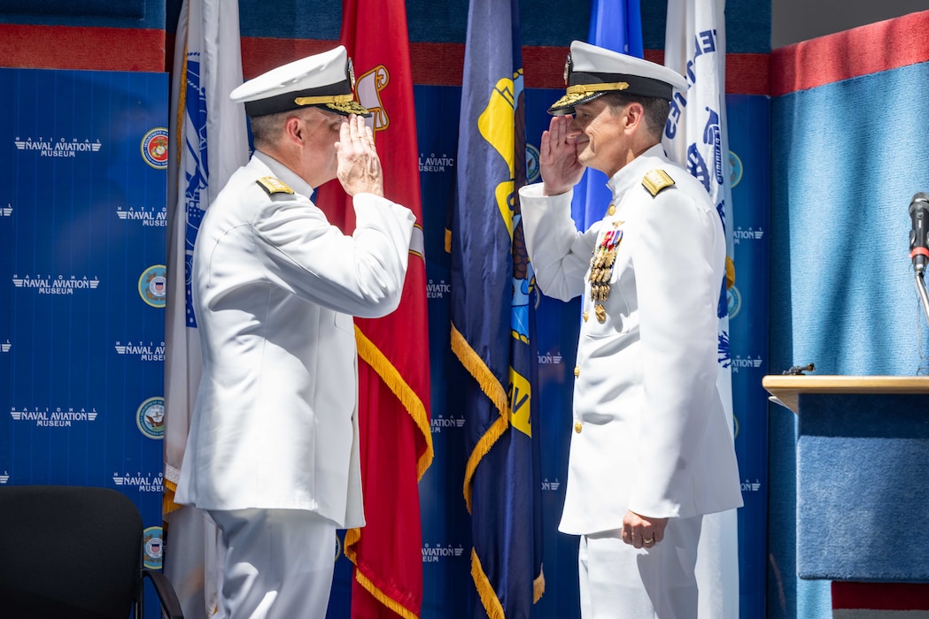 Rear Adm. Jeffrey Czerewko is relieved as commander, Naval Education and Training Command (NETC), by Rear Adm. Gregory Huffman during NETC’s change of command ceremony at the National Naval Aviation Museum onboard Naval Air Station Pensacola, Florida, June 18, 2025. Rear Adm. Gregory Huffman relieved Rear Adm. Jeffrey Czerewko and became the 22nd commander of NETC. NETC's mission is to recruit, train and deliver those who serve our nation, taking them from street-to-fleet by forging civilians into highly skilled, operational and combat-ready warfighters. (United States Navy photo by Mass Communication Specialist 1st Class Zachary Melvin)