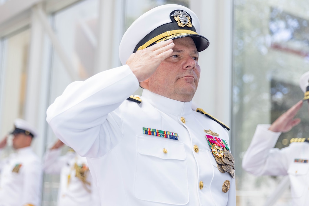 Chief of Naval Personnel Vice Adm. Rick Cheeseman is piped aboard during Naval Education and Training Command’s (NETC) change of command ceremony at the National Naval Aviation Museum onboard Naval Air Station Pensacola, Florida, June 18, 2025. Rear Adm. Gregory Huffman relieved Rear Adm. Jeffrey Czerewko and became the 22nd commander of NETC. NETC's mission is to recruit, train and deliver those who serve our nation, taking them from street-to-fleet by forging civilians into highly skilled, operational and combat-ready warfighters. (United States Navy photo by Mass Communication Specialist 1st Class Zachary Melvin)