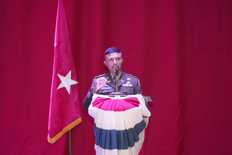Lt. Col. Guillermo Guandique addresses guests after taking command of the U.S. Army Corps of Engineers Nashville District during a change of command ceremony June 18, 2025, at the Grand Lodge of Tennessee in Nashville, Tennessee. Guandique is the 69th commander of the Nashville District. (USACE photo by Noe Gonzalez)